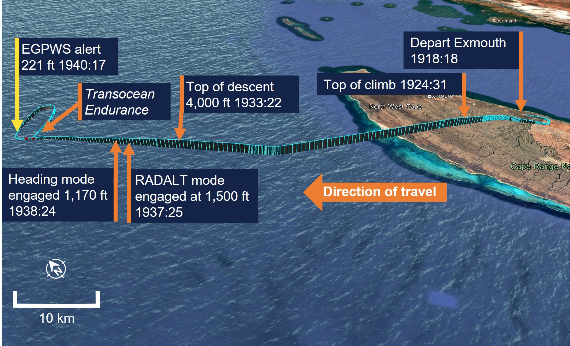 VH-IPE flight track from Exmouth to drill rig Transocean Endurance