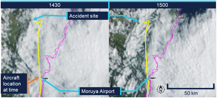 Satellite image showing cloud formation on 18 September at 1430 and 1500 local time