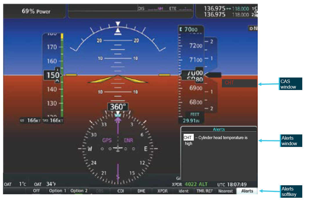 Exemplar window showing the crew alerting system (CAS) location and text for a CHT warning, the highlighted alerts softkey, and related alerts window text