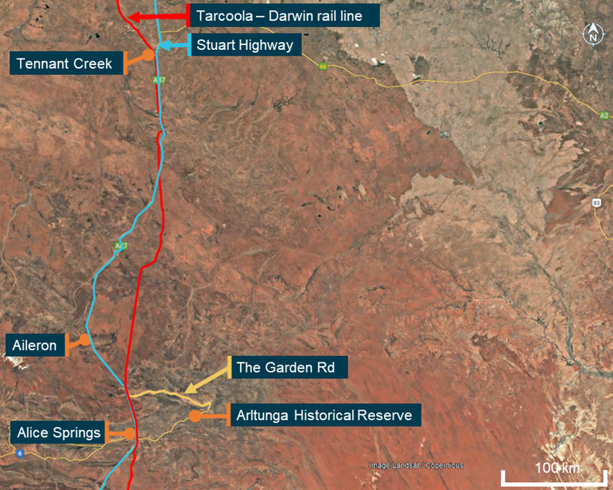 Map showing Tarcoola to Darwin rail line