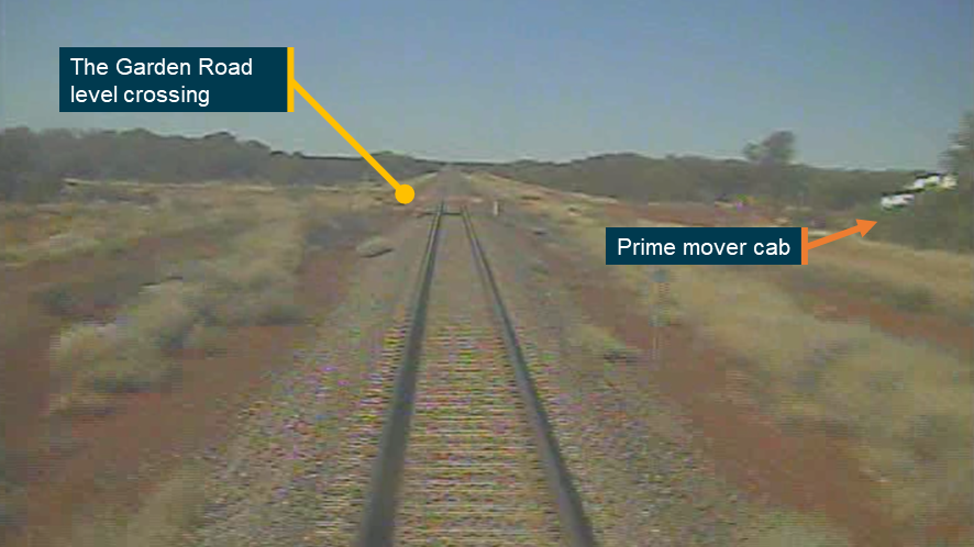 Field of view from the locomotive camera approximately 120 m from the level crossing showing the prime mover cab as it emerged 