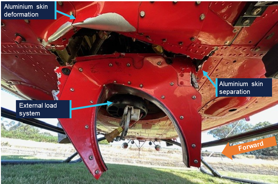Damage to the helicopter aluminium skin.