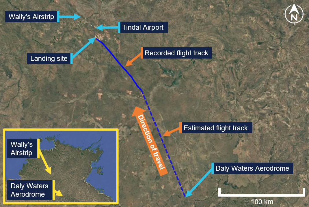 VH-OOE flight track from Daly Waters toward Wally's Airstrip, NT