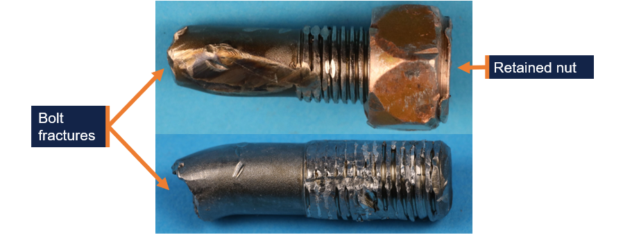 Cylinder number 4 connecting rod bolts showing one nut missing and one retained on the bolt section.