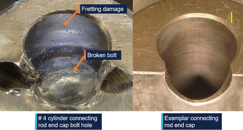Number 4 cylinder connecting rod end cap bolt hole fretting wear and broken bolt and exemplar