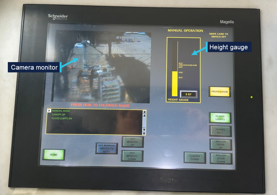 Image shows console display screen with camera monitor and height gauge