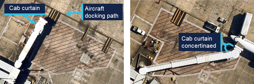 Two images are shown. Image 1 shows the aerobridge in home position. Image 2 shows the aerobridge correctly attached to a B737.