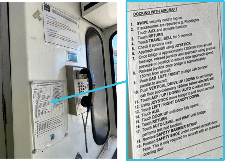 Image shows the laminated operating instructions stuck to the wall to the left of the operator console