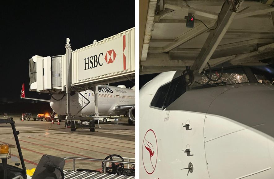 Shows two images side-by-side, image 1 show a zoomed-out view of the collision the aerobridge with parked QF186, and image 2 shows a zoomed-in view of the broken right cockpit windshield