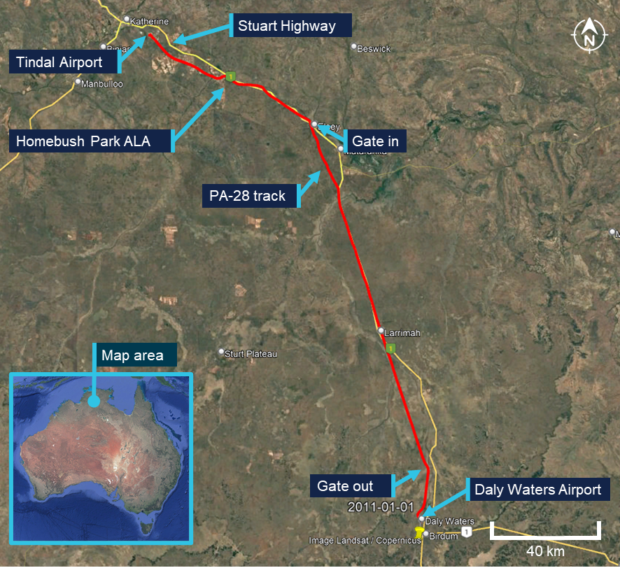 Map from the northern section of Australia showing the PA-28 track from Daly Waters airport to Tindal