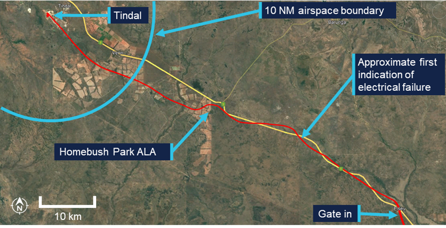 Map from the northern section of Australia showing the PA-28 track, as a red line, from 'Gate in' to Tindal