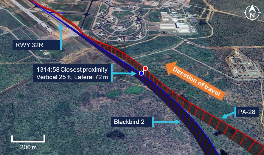 Image showing the tracks of both the PA-28 and the F-35, Blackbird 2, approaching Tindal. The point at which the closes proximity occurred is highlighted.