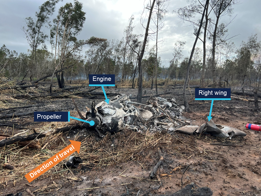 Aircraft at the accident site destroyed by the post-impact fire
