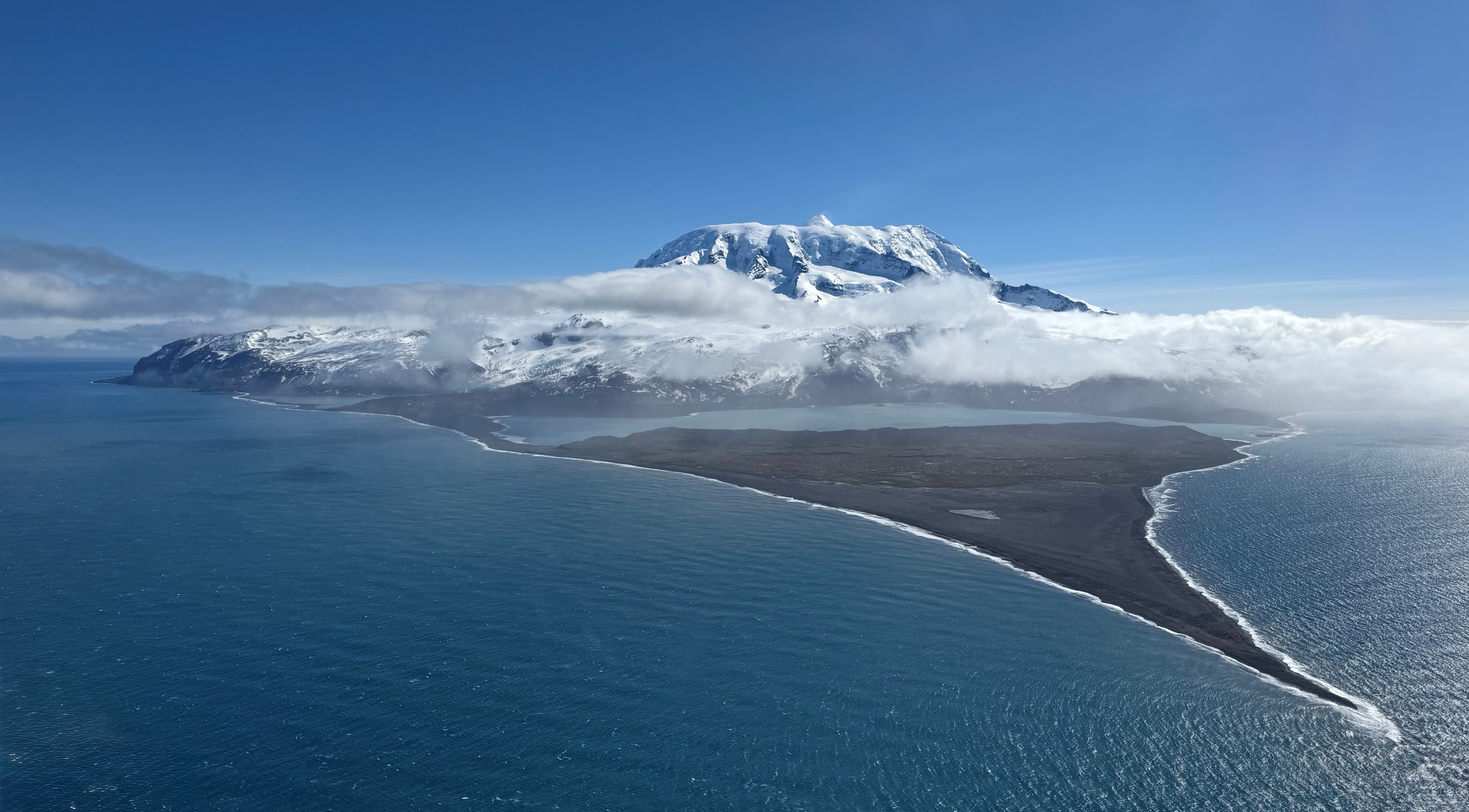 Aerial photo of Heard Island from the east, with Elephant Spit in the foreground