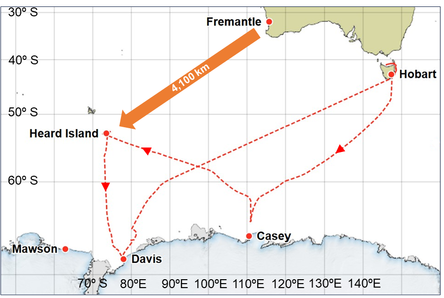 Overview chart of the Southern Ocean from 30 to 70 degrees south, showing the area from Mawson station and Heard Island in the west to Tasmania in the east. Nuyina's planned voyage is indicated by red dotted lines leading from Hobart to Burnie and then to Casey, Heard Island and Davis Station before returning to Hobart.