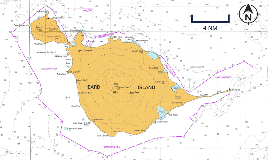 Section of nautical chart AUS605 (displayed as paper/raster chart) showing Heard Island and its immediate surroundings. Large areas around the island are indicated by magenta lines marked 'unsurveyed'.