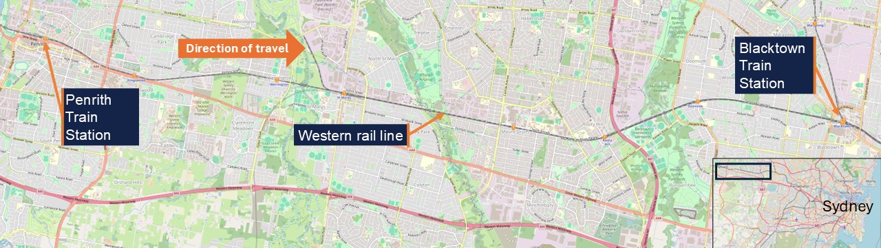 A map showing the train line between Penrith and Blacktown stations. Indicating the direction of travel of the incident train