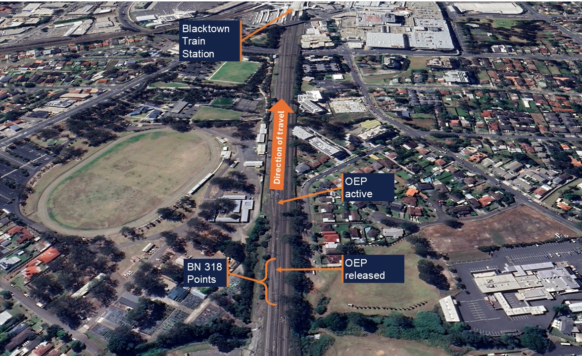 A birds-eye view of the approach to Blacktown train station showing the direction of travel and the location of BN 318 turnout and when the Operator enabled pedal was released and active