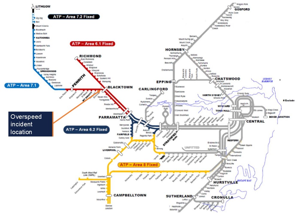 A diagram of the Sydney Trains Network showing the geographic location of Areas 6, 7 and 8 and the overspeed incident location