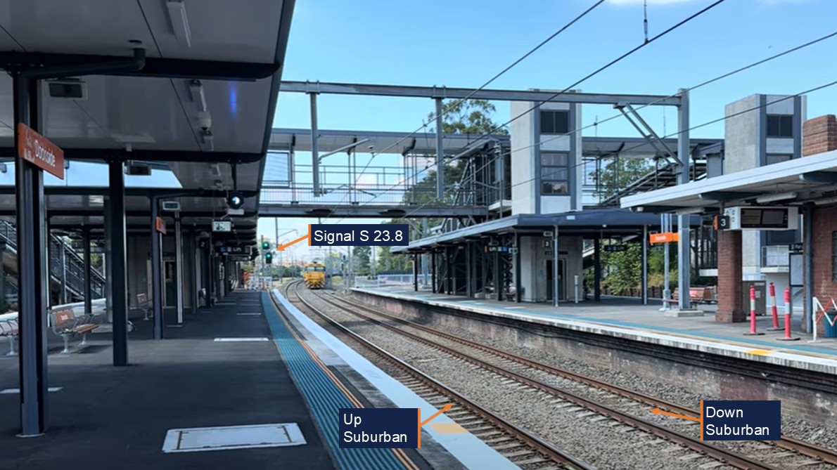 Doonside Station showing the Up and Down suburban lines and Signal S 23.8 showing a clear indication