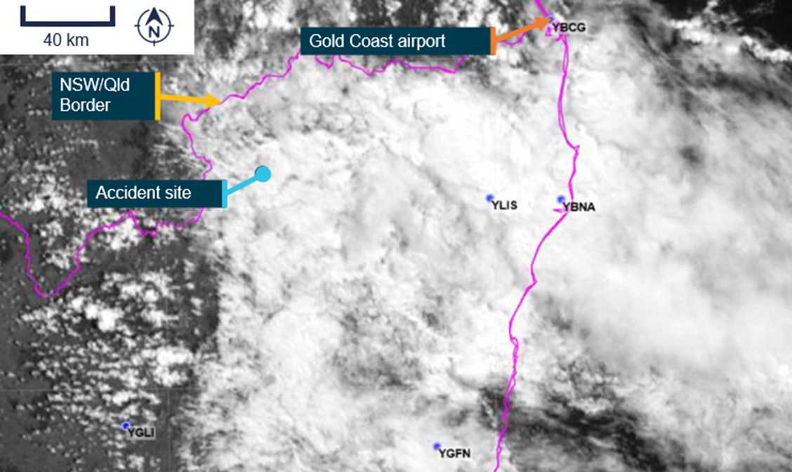 Satellite cloud imagery at 1000 EST (14 minutes after the accident).