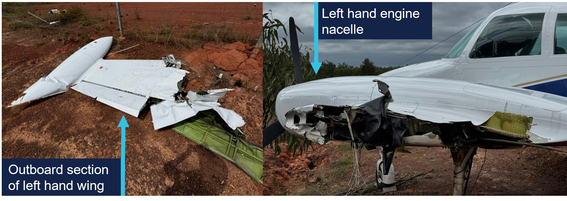The images with ATSB annotations details the damage to the left wing outboard the engine nacelle with the outboard section located on the ground after being separated from the fuselage of the aircraft.