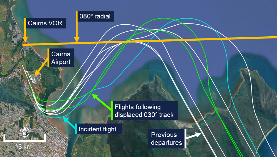 Recorded flight paths of VH-A2T departures from Cairns are overlaid a satellite image.