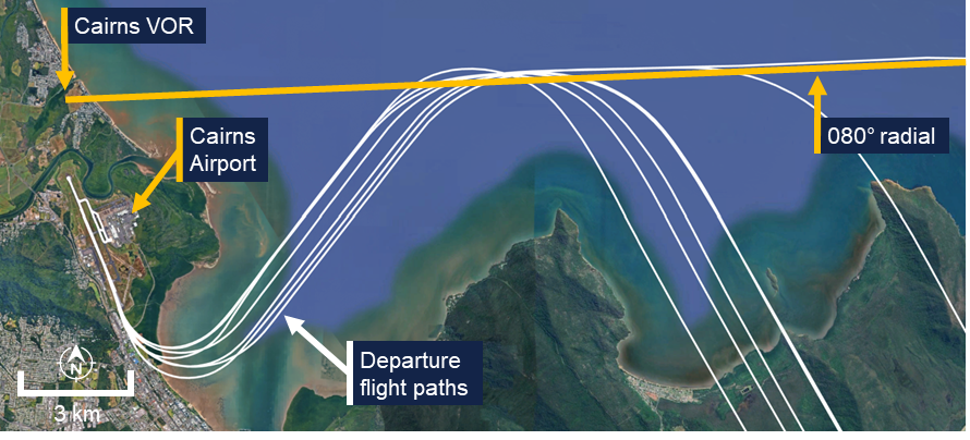 Recorded flight paths of VH-UYY departures, a load 27 aircraft, from Cairns are overlaid a satellite image.