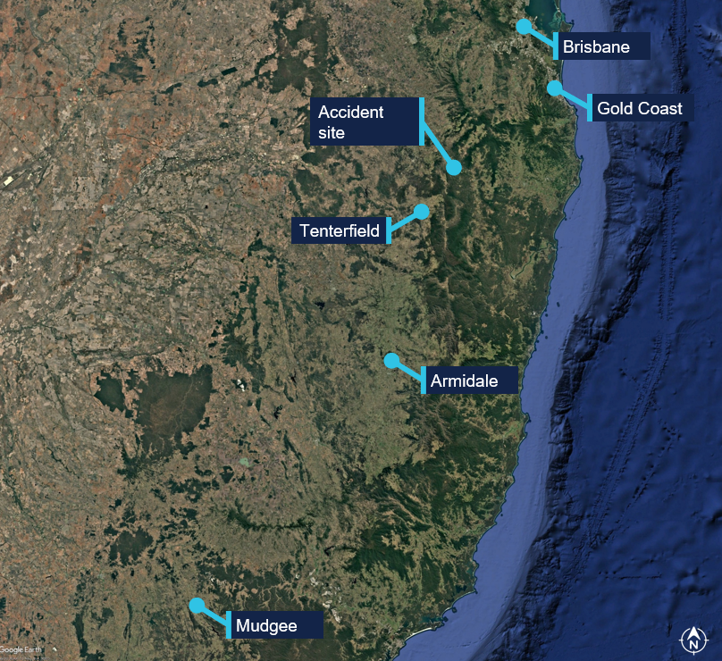 Map showing accident site and key locations