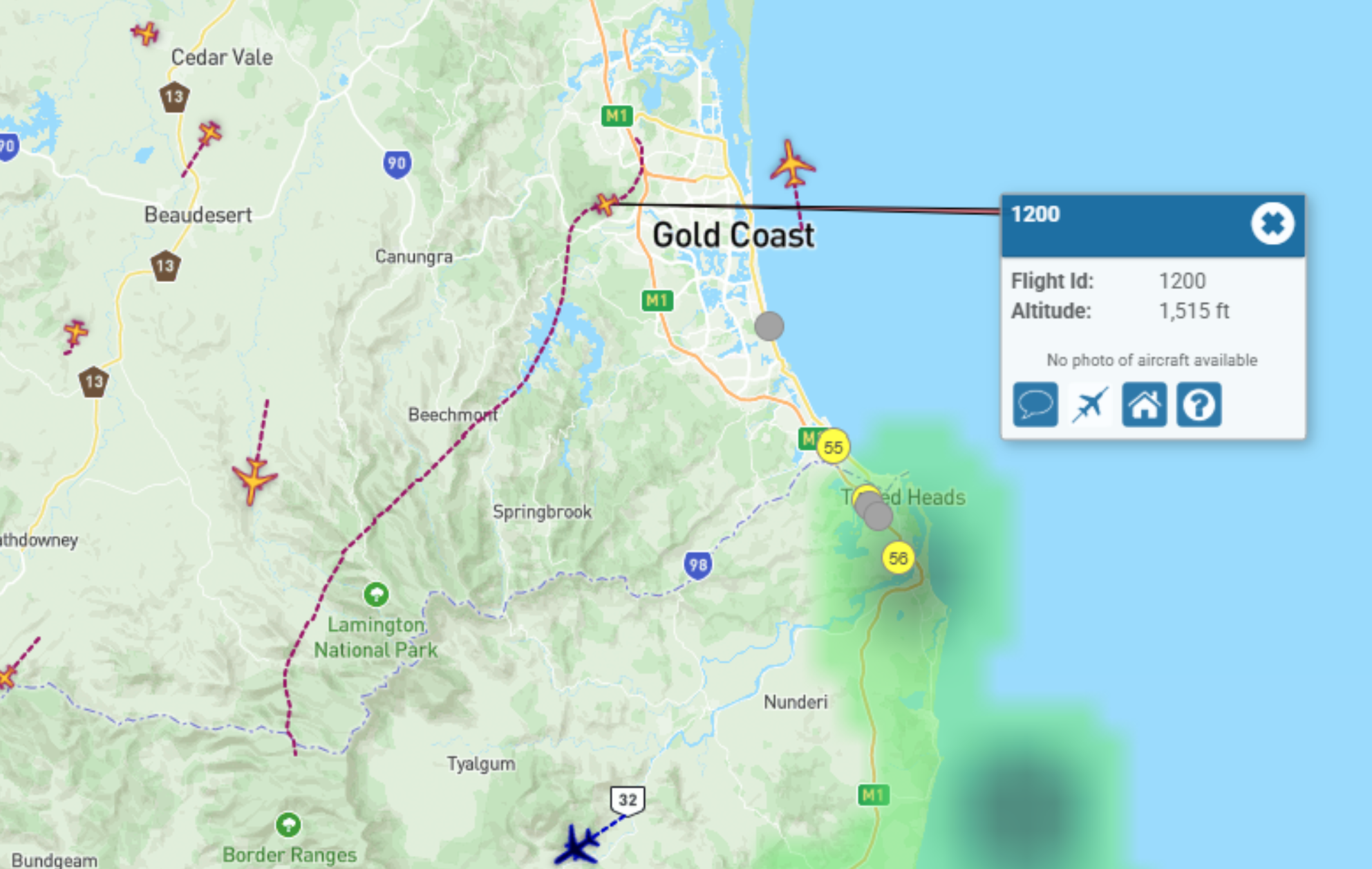 Image from WebTrak software showing the aircraft's track from departure to the NSW border.
