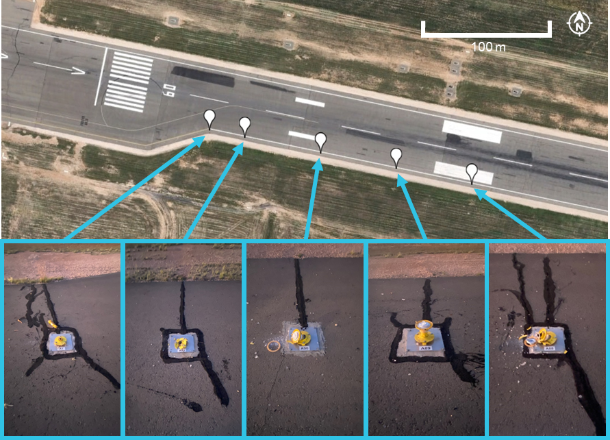 The figure shows the locations of the damaged runway lights with individual pictures of each damaged light.