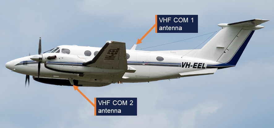 A side-on photograph of VH-EEL with the VHF COM 1 and COM 2 antennas annotated.