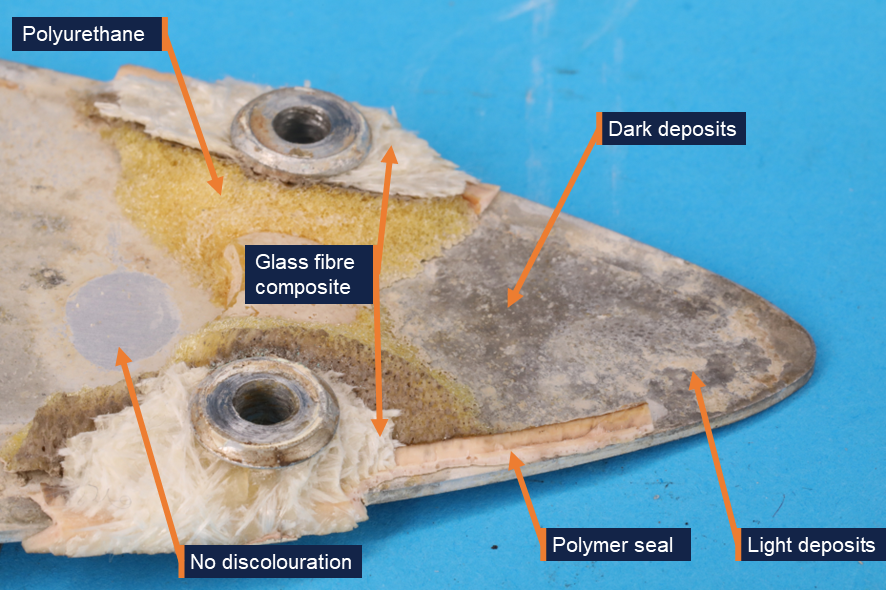 A photograph identifying various features on the top surface of the antenna base.