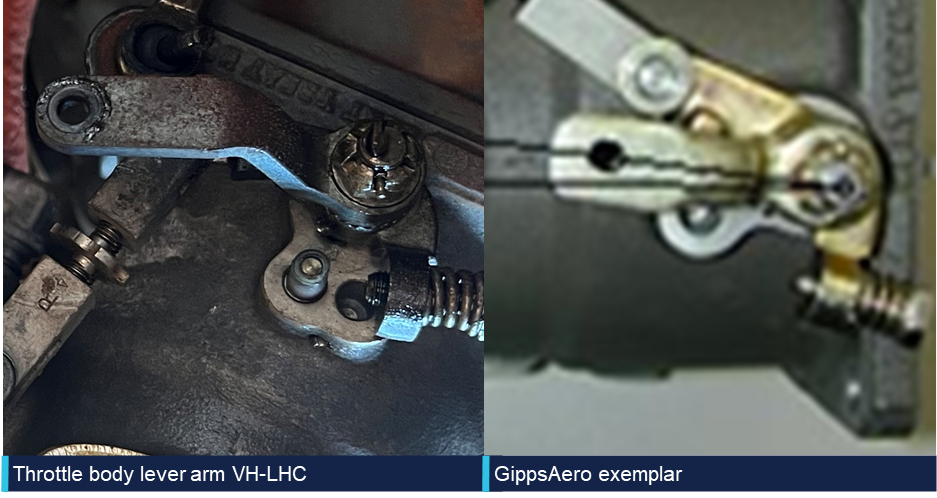 The incident aircraft’s throttle body lever arm compared to the manufacturer’s exemplar.