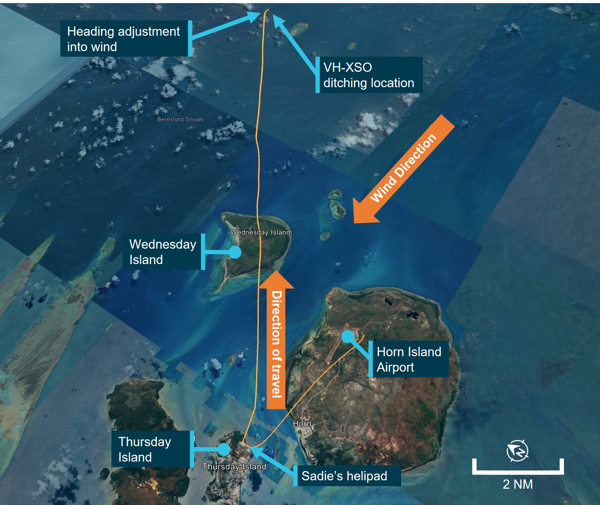 VH-XSO flight track from Horn Island to the ditching location 24 km north-east 
