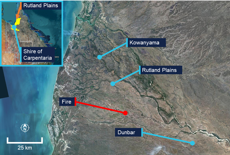A satellite view showing the location of Rutland Plains on the Gulf of Carpentaria.