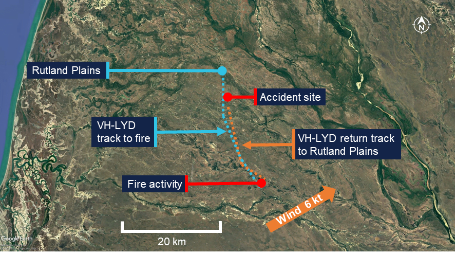 Satellite view showing track of VH-LYD to and from the fire ground.