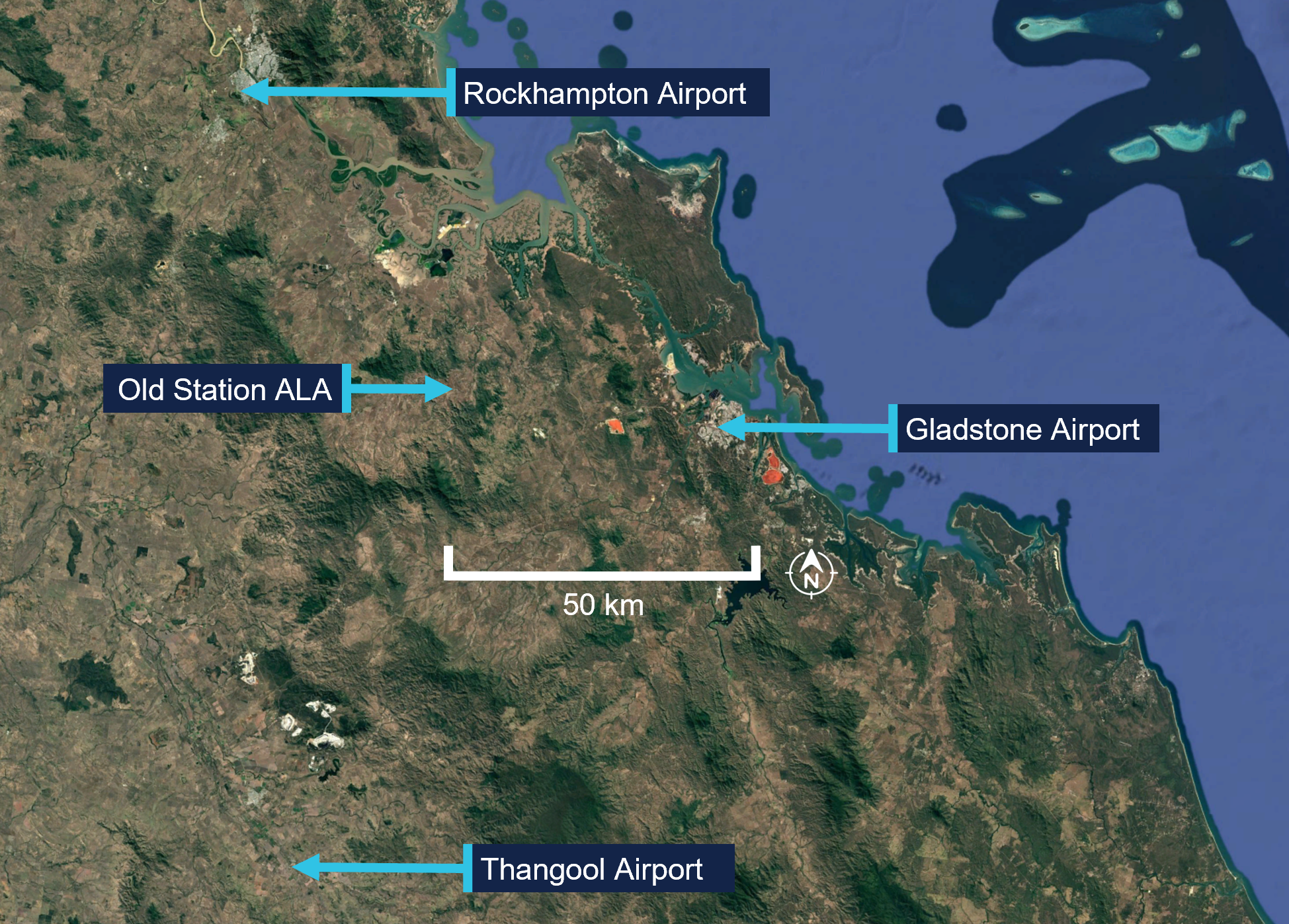 An overview of the region showing the positions of Rockhampton, Gladstone, and Thangool Airports relative to Old Station ALA. These airports were where the nearest official weather observations were made.