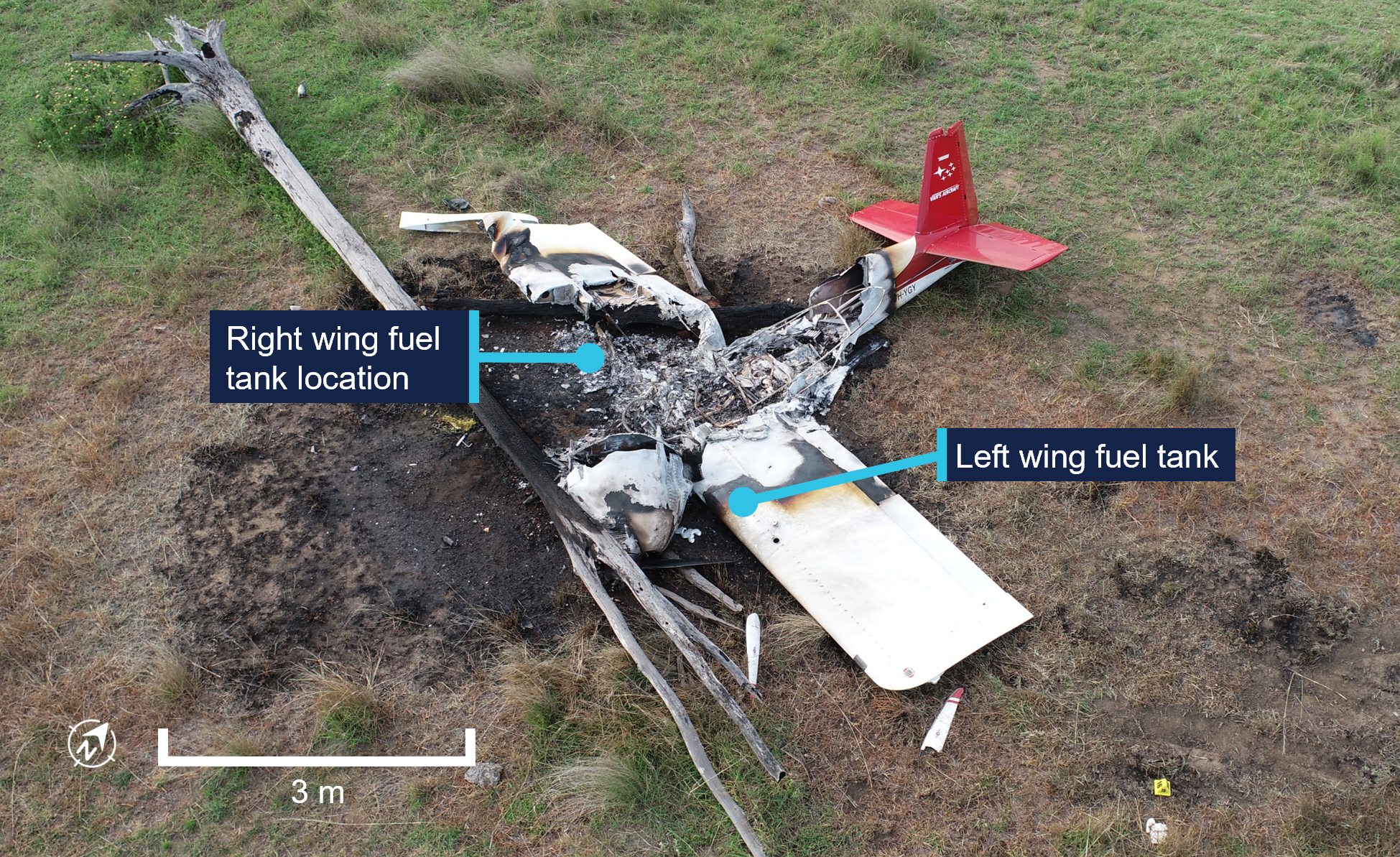VH-YGY at the accident site showing extensive fire damage.