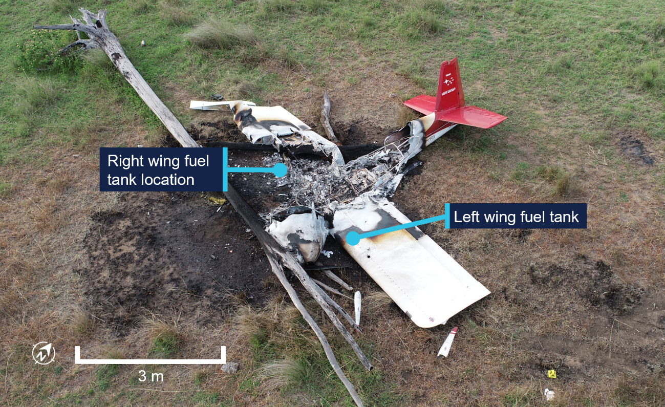 VH-YGY at the accident site showing extensive fire damage.