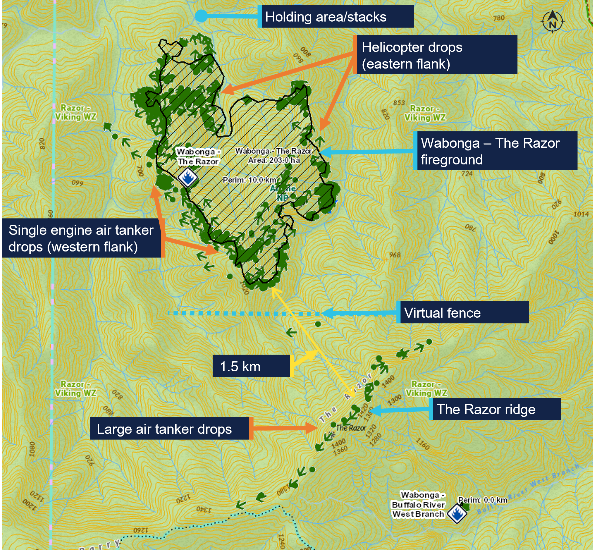 Wabonga – The Razor fireground map showing firebombing drops, the holding area and virtual fence
