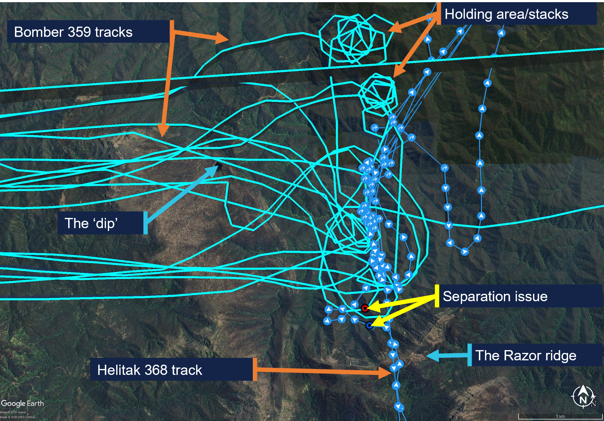 Helitak 368 and Bomber 359 tracks for 18 January 2026 showing key locations