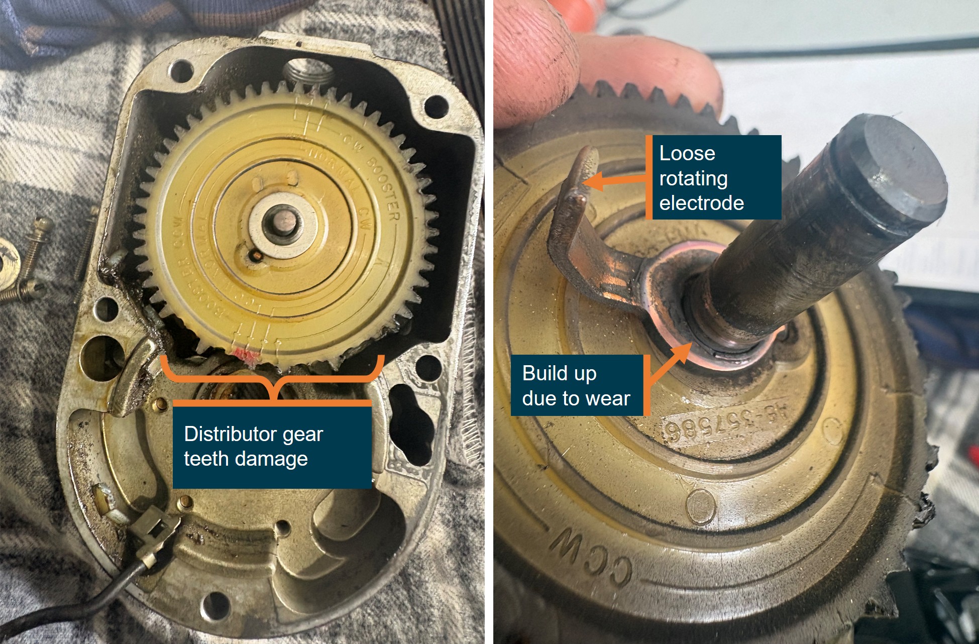 VH-8HR magneto distributor gear showing damaged gear teeth and the loose electrode