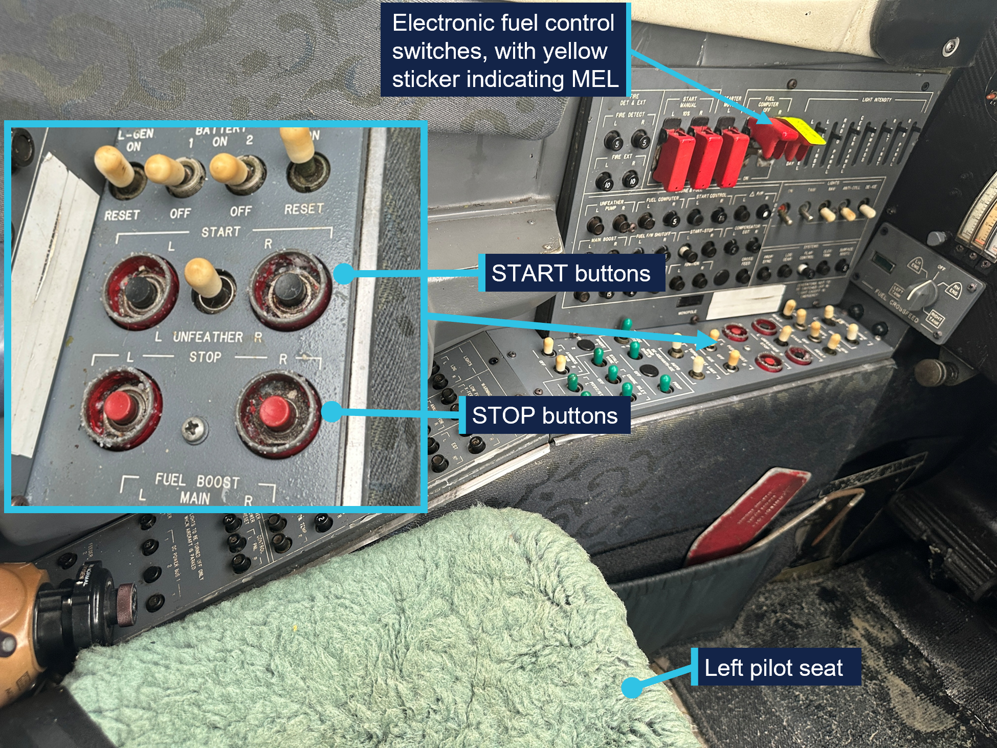 Photograph of an aircraft cockpit panel focusing on electronic fuel control switches with yellow MEL stickers, and labelled START and STOP buttons for engine control. 