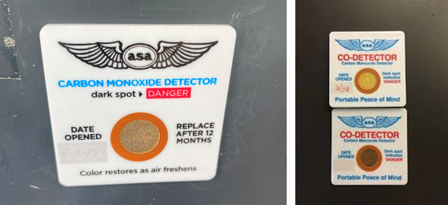The aircraft’s carbon monoxide (CO) detection placard and exemplar