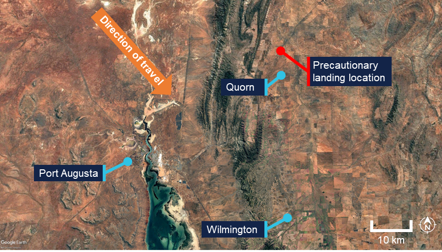 Aerial image of Southern Flinders Ranges area with labels showing direction of travel and landing location