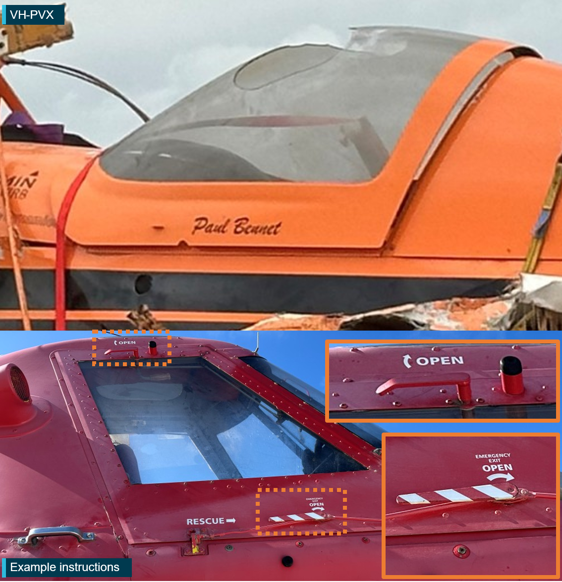 Outside of canopy on VH-PVX (top image) compared with a different aircraft showing opening instructions (bottom image)