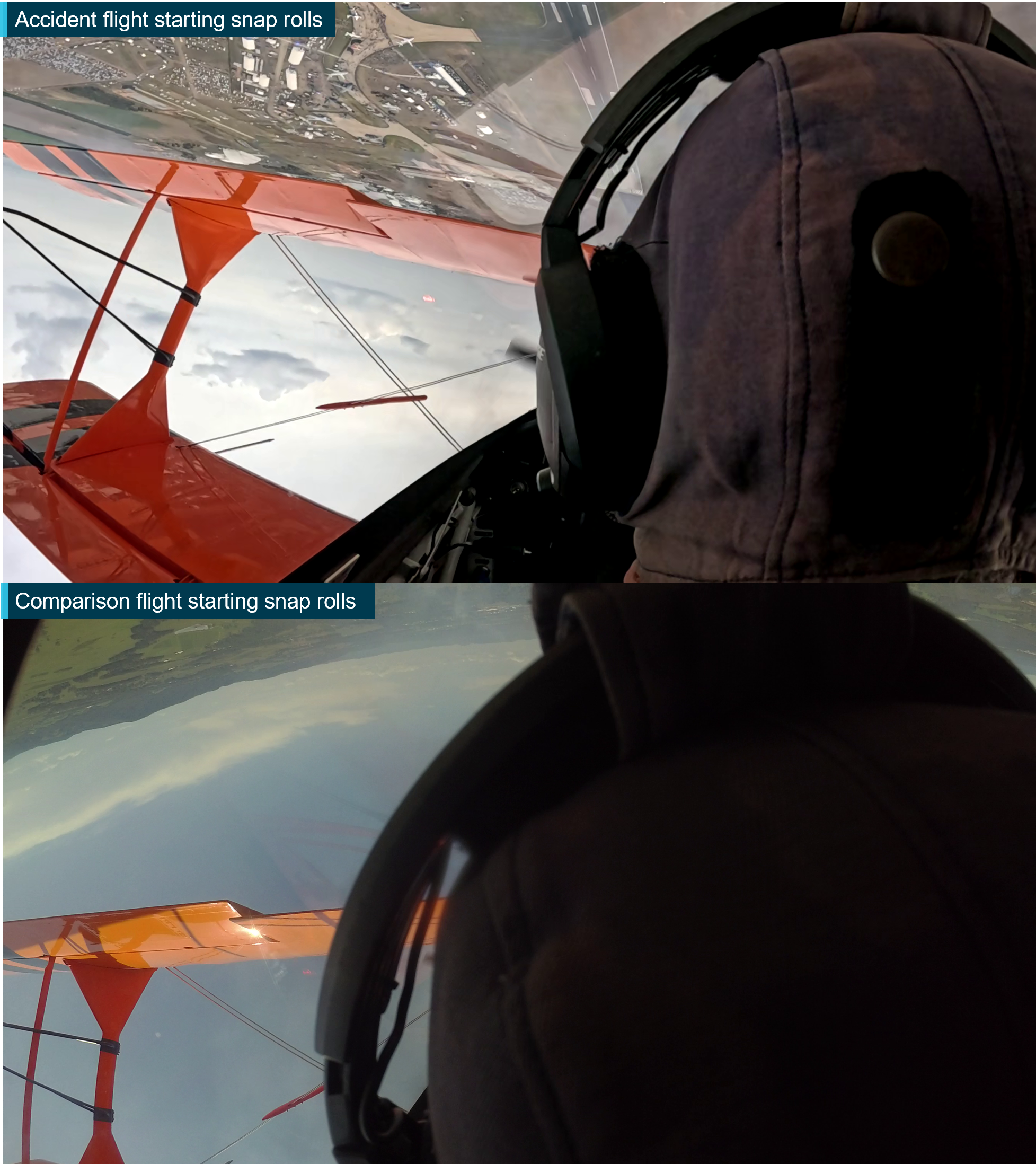 Image at top is of VH-PVX nose attitude during the accident manoeuvre just prior to conducting the snap rolls. Image at bottom is VH-PVX on a different day at the same point in the same manoeuvre except that the nose attitude appears much higher above the horizon. 