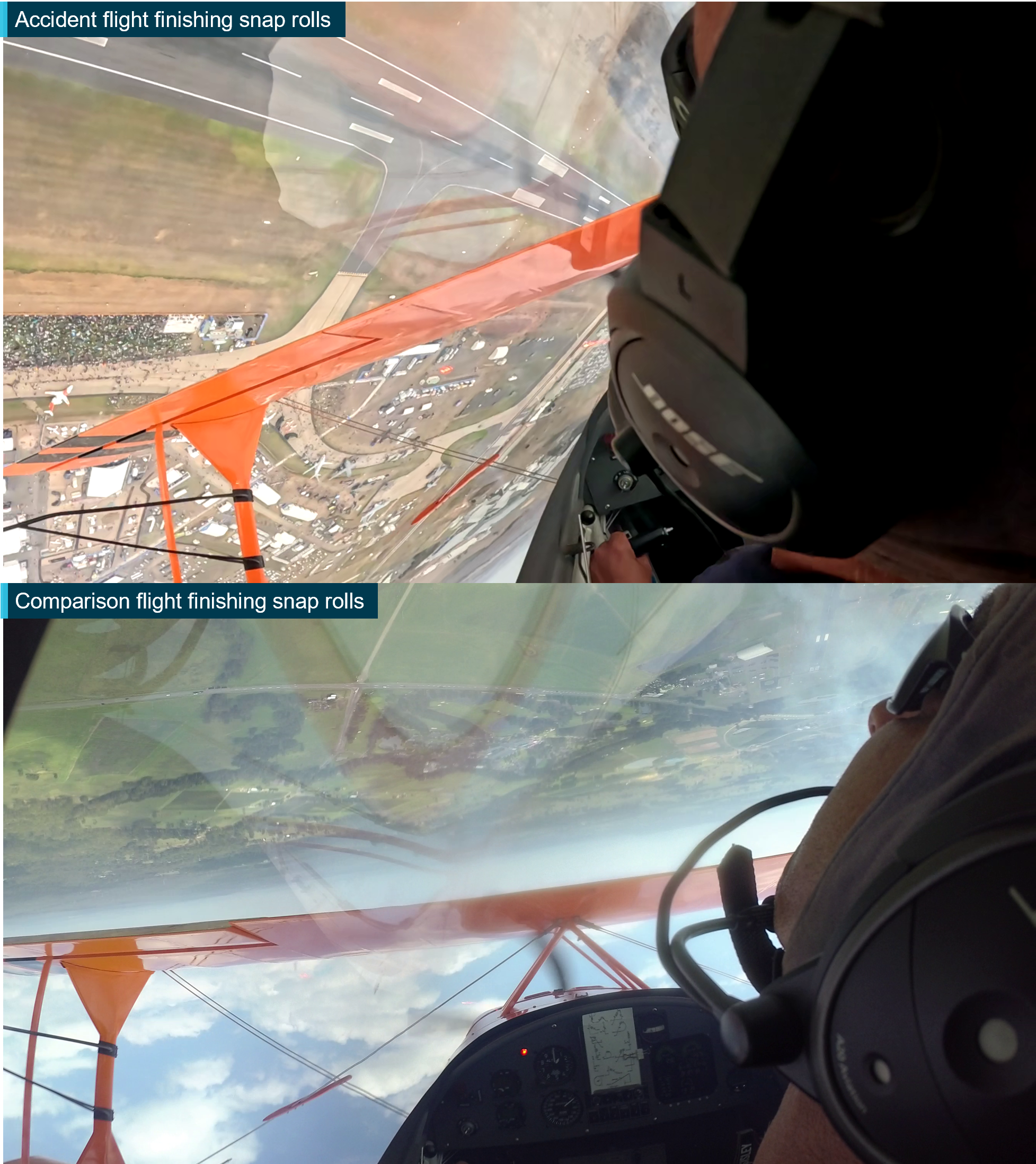 Image at top is of VH-PVX nose attitude during the accident manoeuvre just after conducting the snap rolls. Image at bottom is VH-PVX on a different day at the same point in the same manoeuvre except that the nose attitude appears much higher above the horizon. 