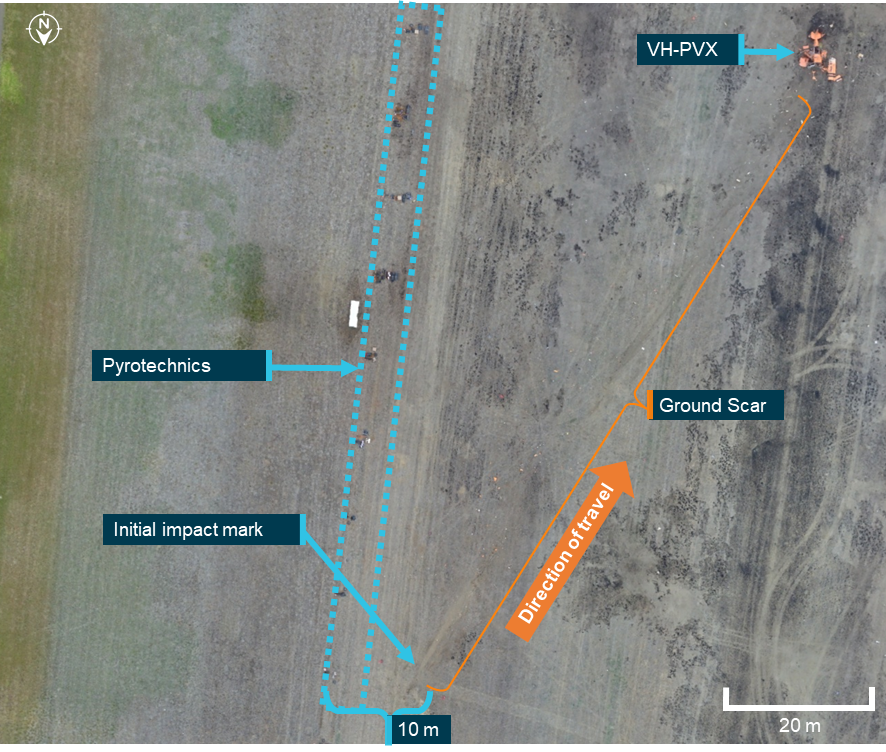 Overview of pyrotechnics and point of VH-PVX collision with terrain
